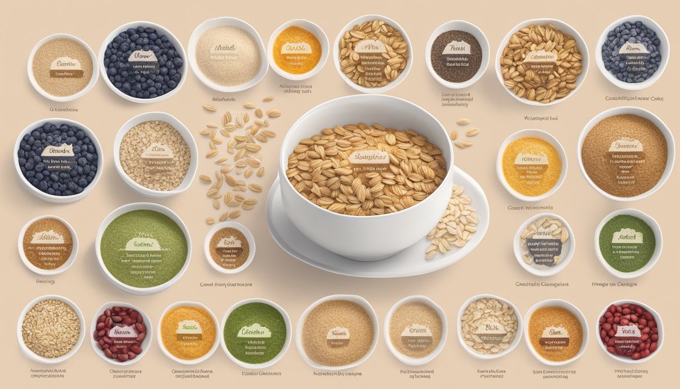 A bowl of Purely Elizabeth Original Superfood Oats surrounded by 7 other low-glycemic index oatmeal brands, each labeled with their respective brand name