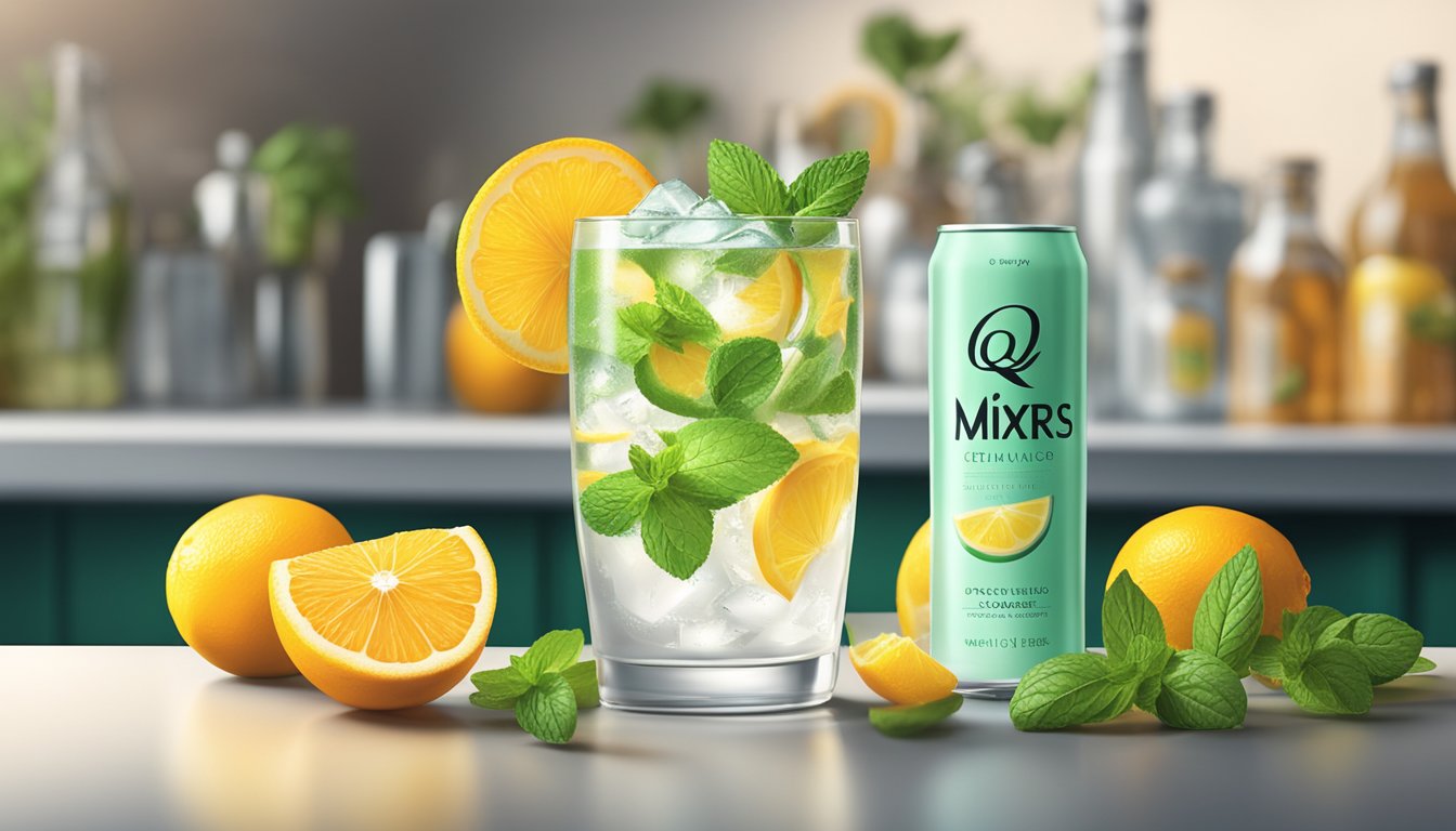 A refreshing glass of Q Mixers Light Tonic Water surrounded by fresh citrus fruits and a sprig of mint on a sleek bar counter