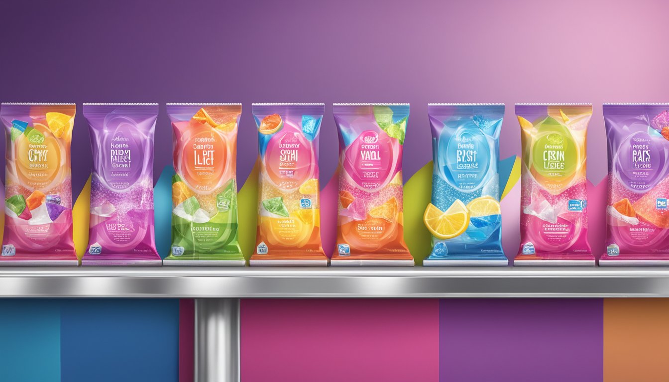 A colorful array of Crystal Light Drink Mix packets arranged on a sleek, modern bar counter