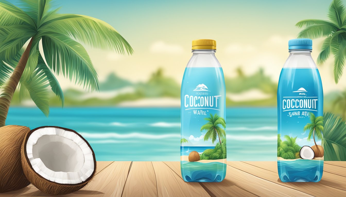 A tropical beach with coconut trees, clear blue water, and sugar-free coconut water bottles displayed on a wooden table