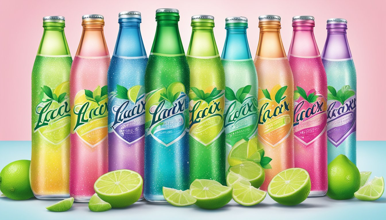 A tall glass filled with LaCroix Lime Sparkling Water surrounded by six colorful bottles of sugar-free cocktail mixers