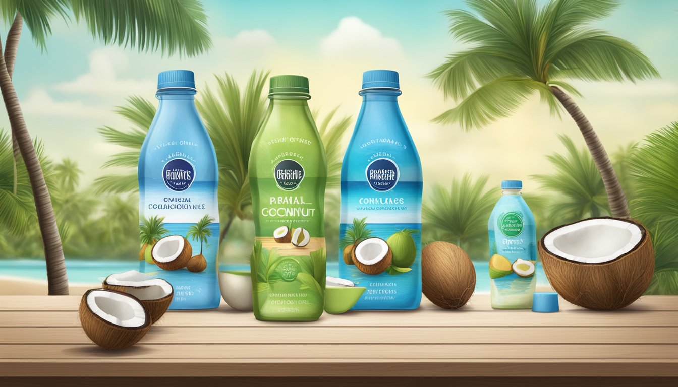 A tropical beach scene with five different brands of coconut water displayed on a table, surrounded by palm trees and coconuts