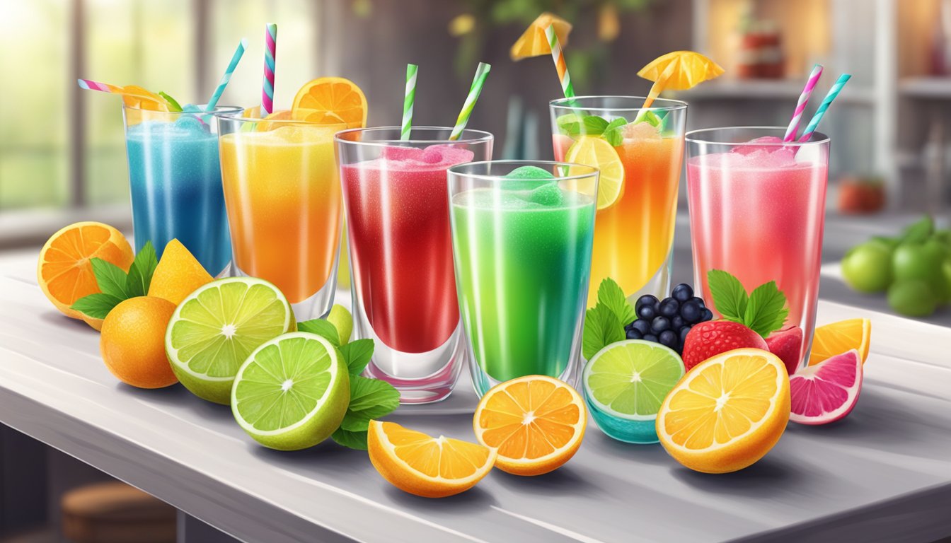 A table with colorful sugar-free cocktail mixers and fresh fruits