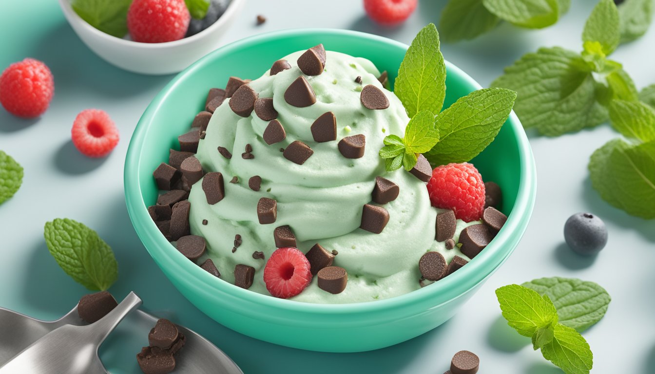 A colorful display of Yasso Mint Chocolate Chip frozen yogurt surrounded by fresh mint leaves and a variety of diabetic-friendly toppings