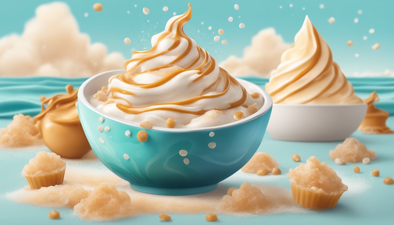 A bowl of sea salt caramel frozen yogurt with a sprinkling of sea salt on top, surrounded by fresh sea salt and caramel swirls