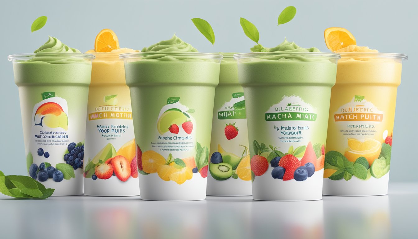 A colorful display of Culture Republick Matcha frozen yogurt pints surrounded by fresh fruits and a diabetic-friendly label