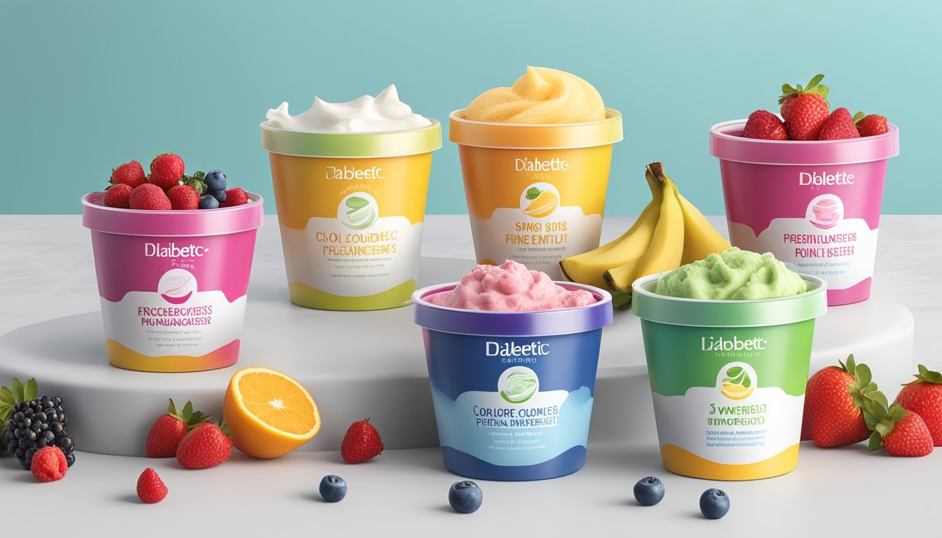 A display of 5 colorful frozen yogurt containers with diabetic-friendly labels, surrounded by fresh fruit and natural sweeteners