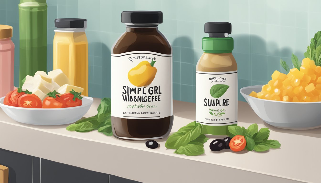 A bottle of Simple Girl Sugar-Free Balsamic Vinaigrette surrounded by other sugar-free condiments on a kitchen counter