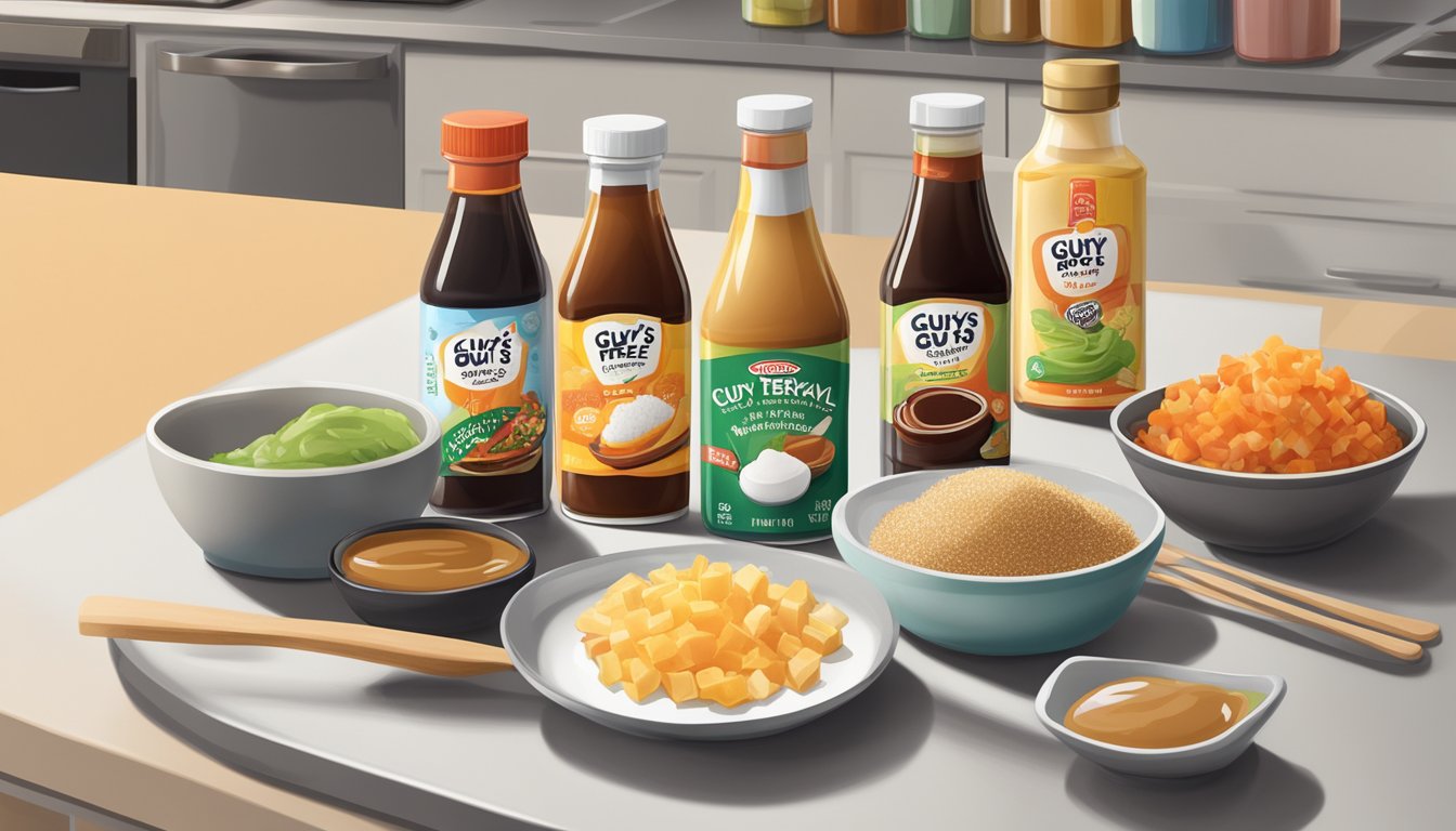 A bottle of Guy's Award Winning Sugar-Free Teriyaki Sauce surrounded by various sugar-free condiments on a kitchen counter