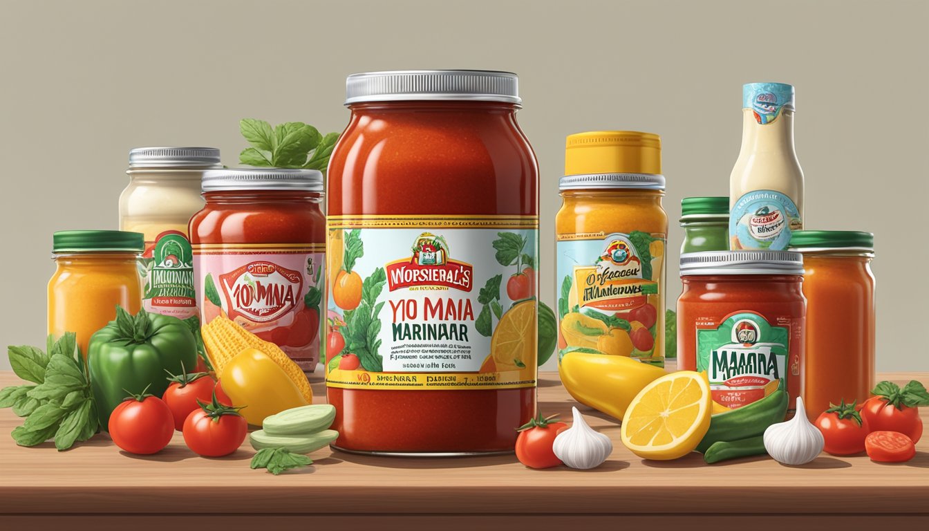 A jar of Yo Mama's Original Marinara Sauce surrounded by 9 different sugar-free condiments, such as mustard, hot sauce, and salsa, on a kitchen counter