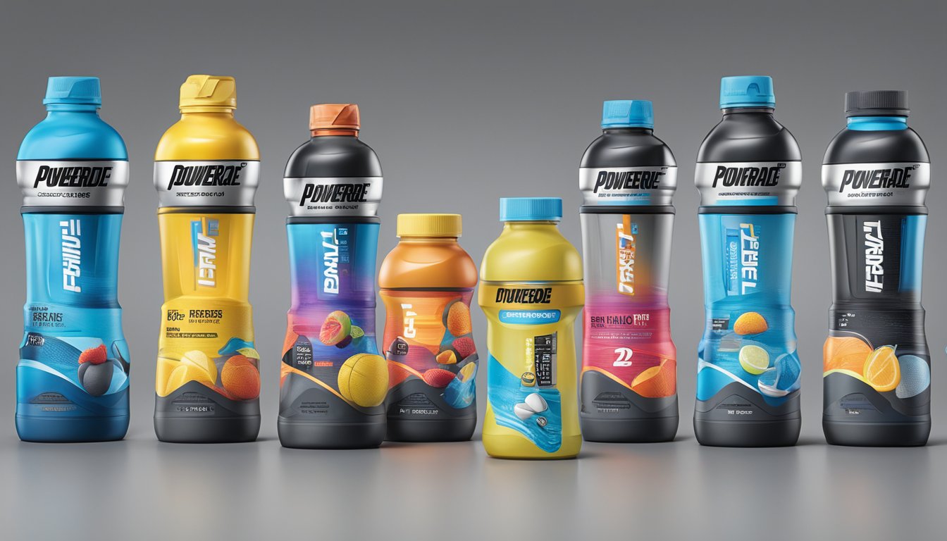 A lineup of 7 different Powerade Zero Sugar bottles with various flavors, surrounded by sports equipment and a diabetes monitoring kit