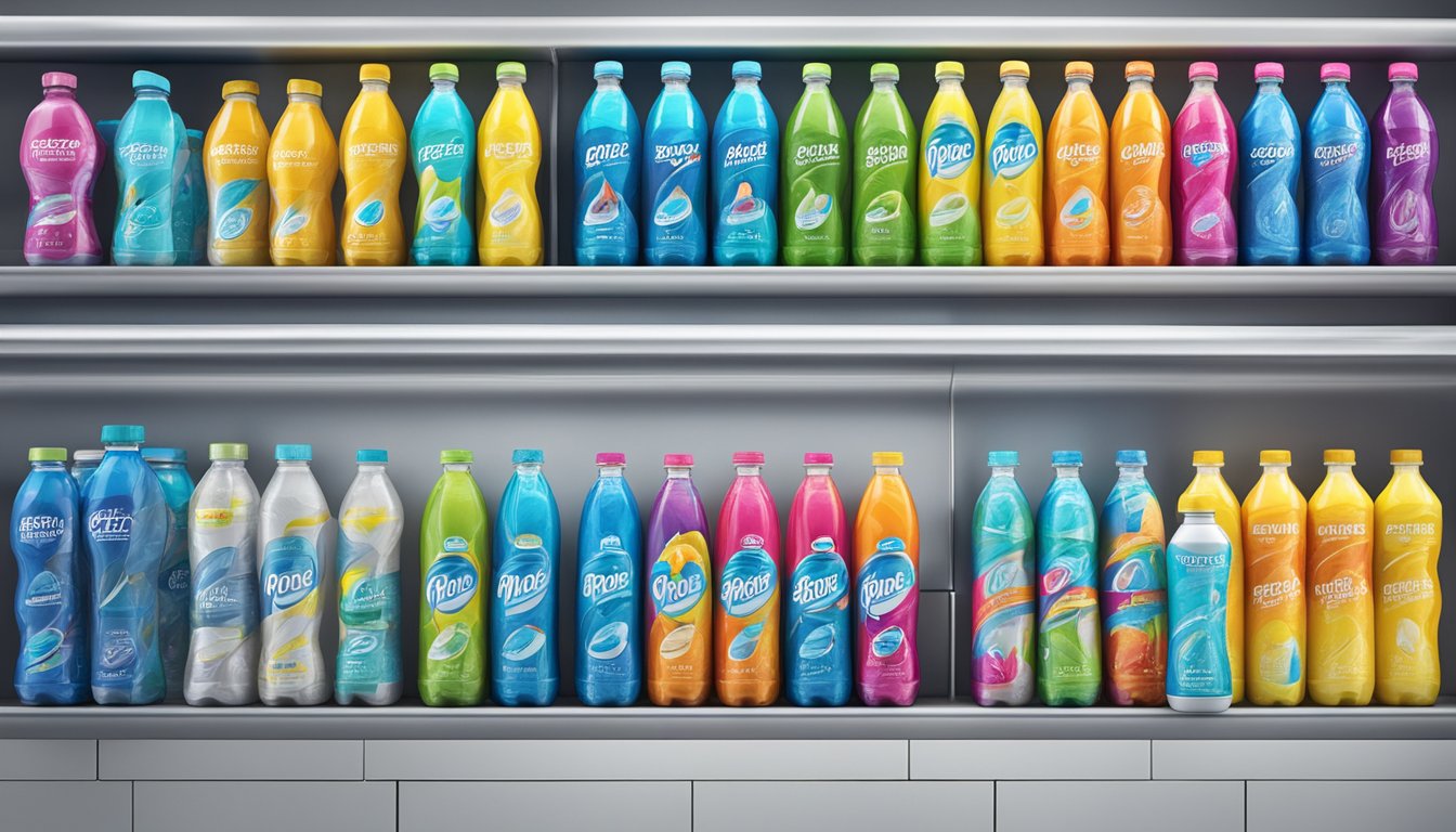 A colorful array of sugar-free sports drinks, including Propel Zero Calorie Water, arranged on a sleek, modern display