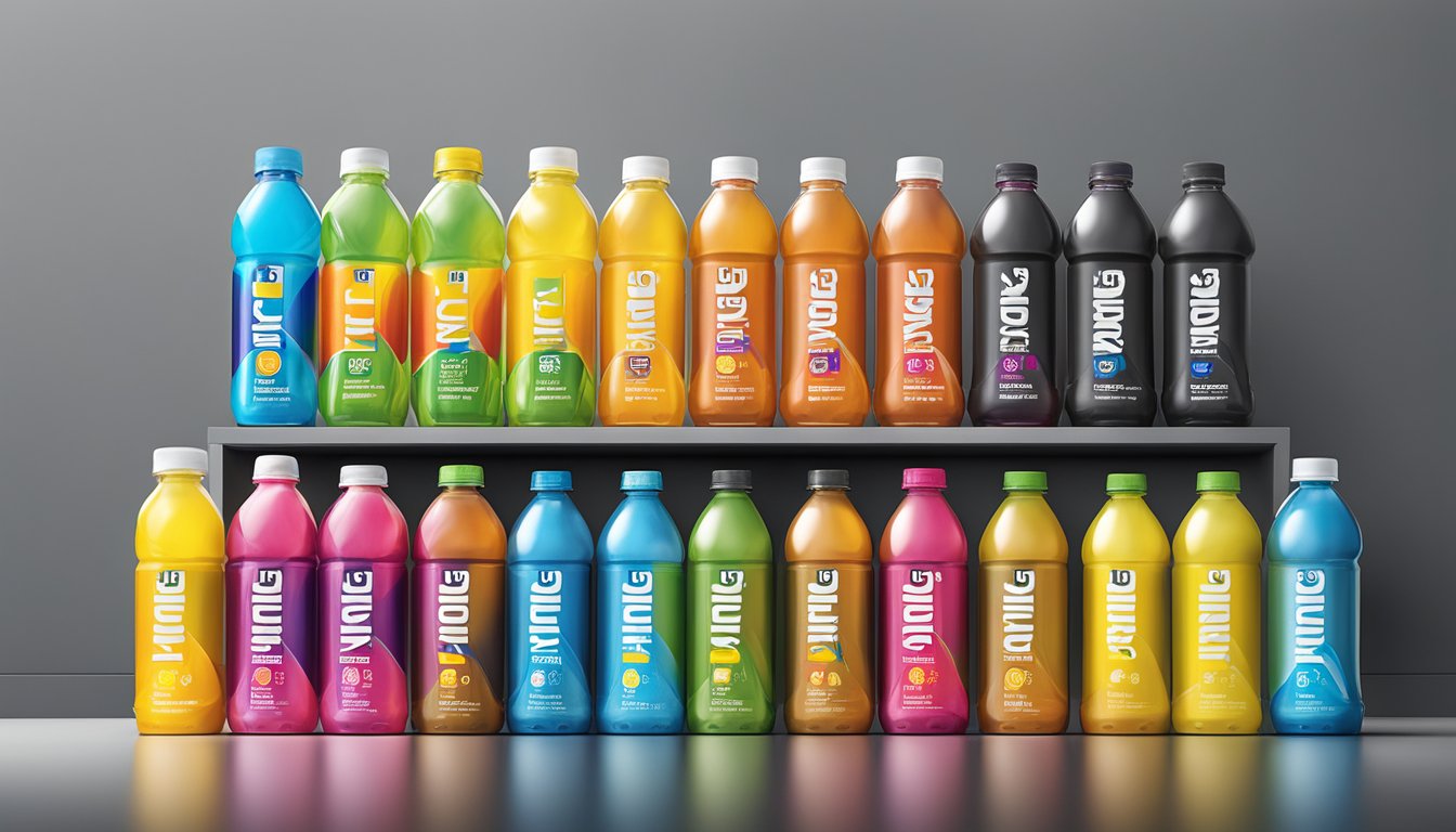 A colorful display of Vitaminwater Zero Rise and six other sugar-free sports drinks arranged on a shelf