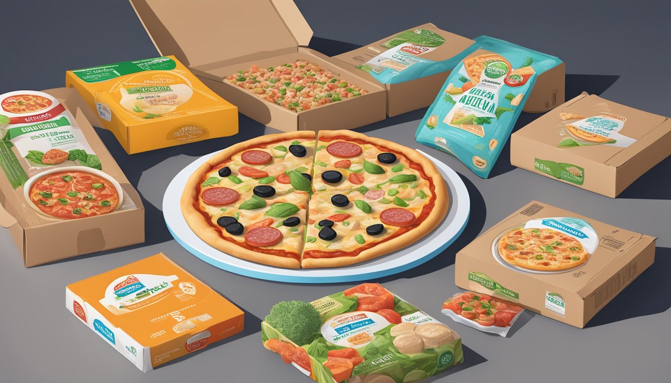 A pizza box surrounded by six different frozen meal packages, all featuring low-carb options for diabetics