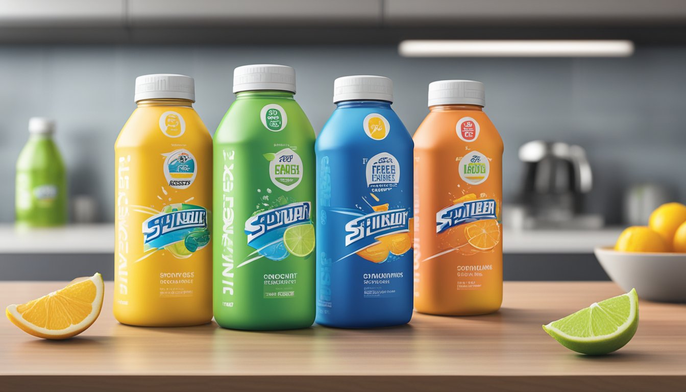 A lineup of colorful, sugar-free sports drink bottles arranged on a sleek, modern countertop. Each bottle is labeled with the brand name and flavor