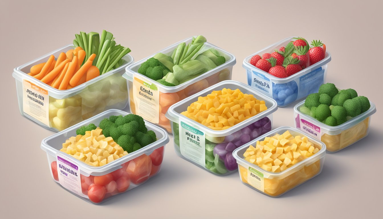 A colorful display of six frozen meal packages, each labeled with the name of a low-carb dish, surrounded by fresh vegetables and fruits