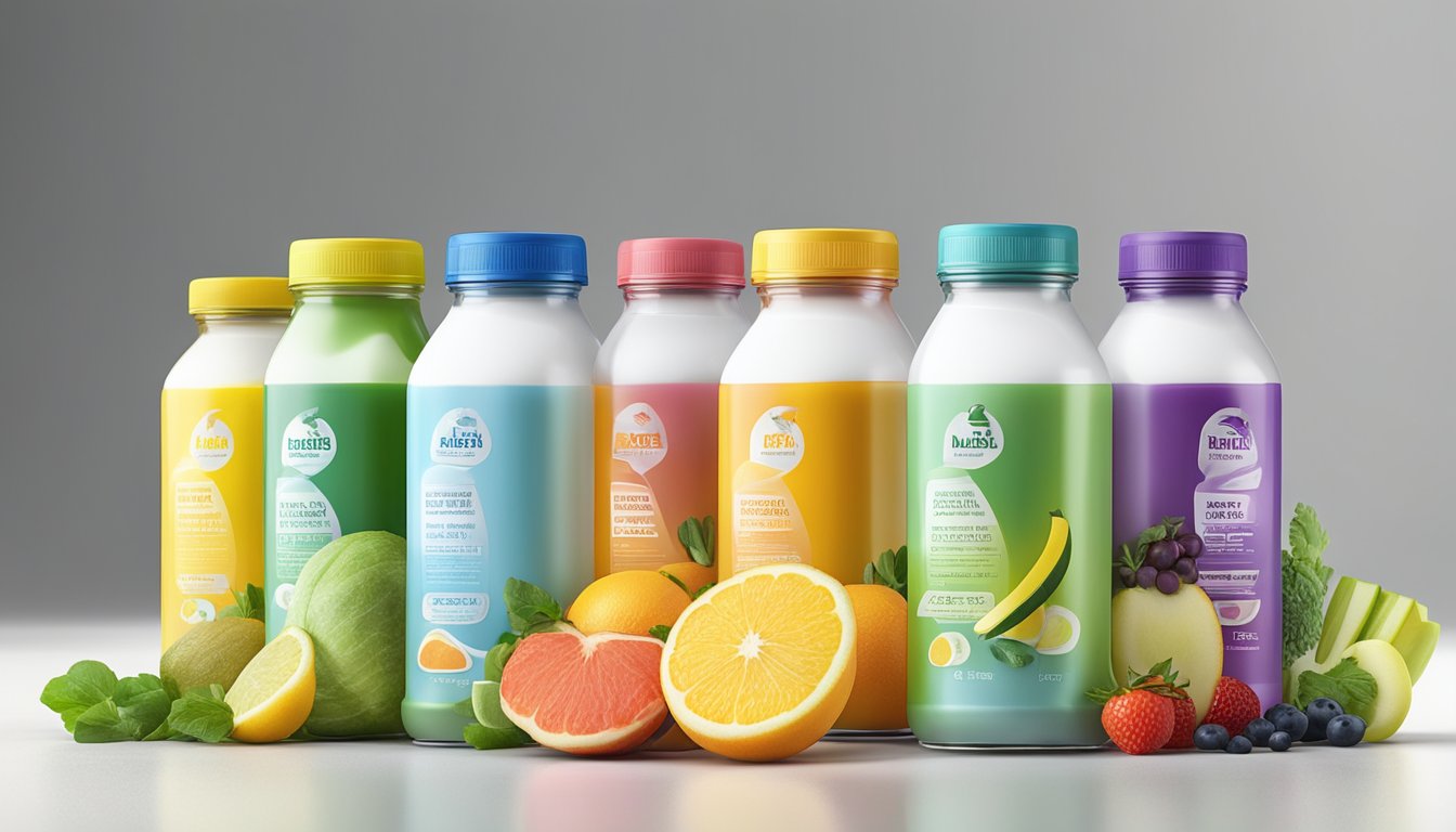 A lineup of colorful, sugar-free sports drink bottles arranged on a clean, white surface with fresh fruits and vegetables in the background