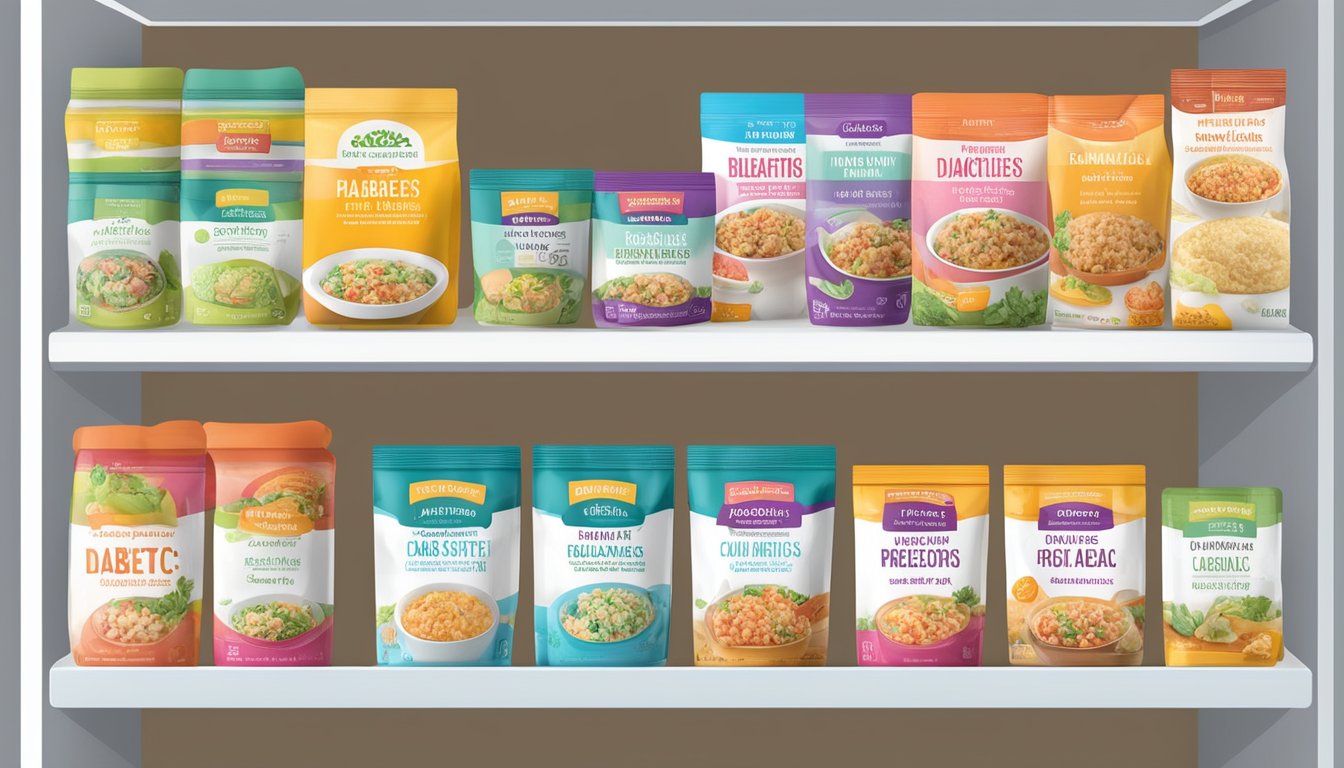 A variety of low-carb frozen meals displayed on a shelf, with colorful packaging and labels indicating suitability for diabetics