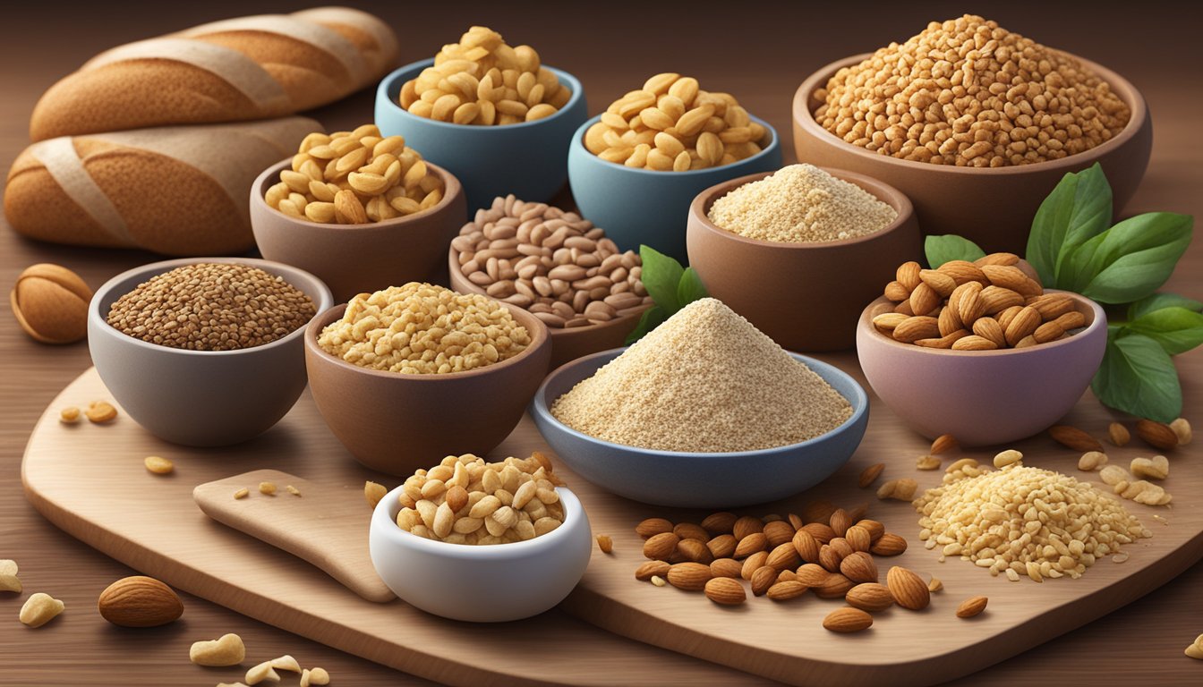 A variety of crushed nuts arranged on a wooden cutting board, surrounded by different types of low-carb bread crumbs