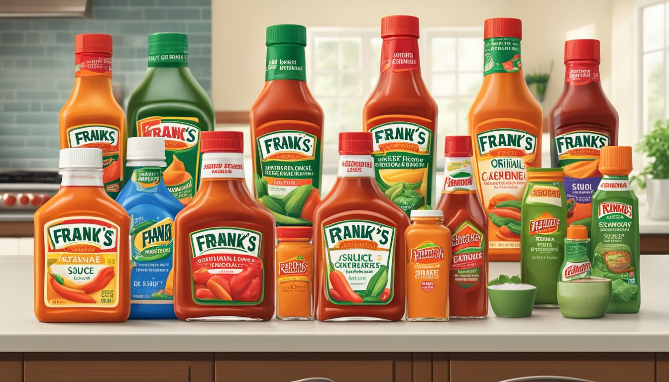 A bottle of Frank's RedHot Original Cayenne Sauce surrounded by five other bottles of sugar-free hot sauces on a kitchen counter