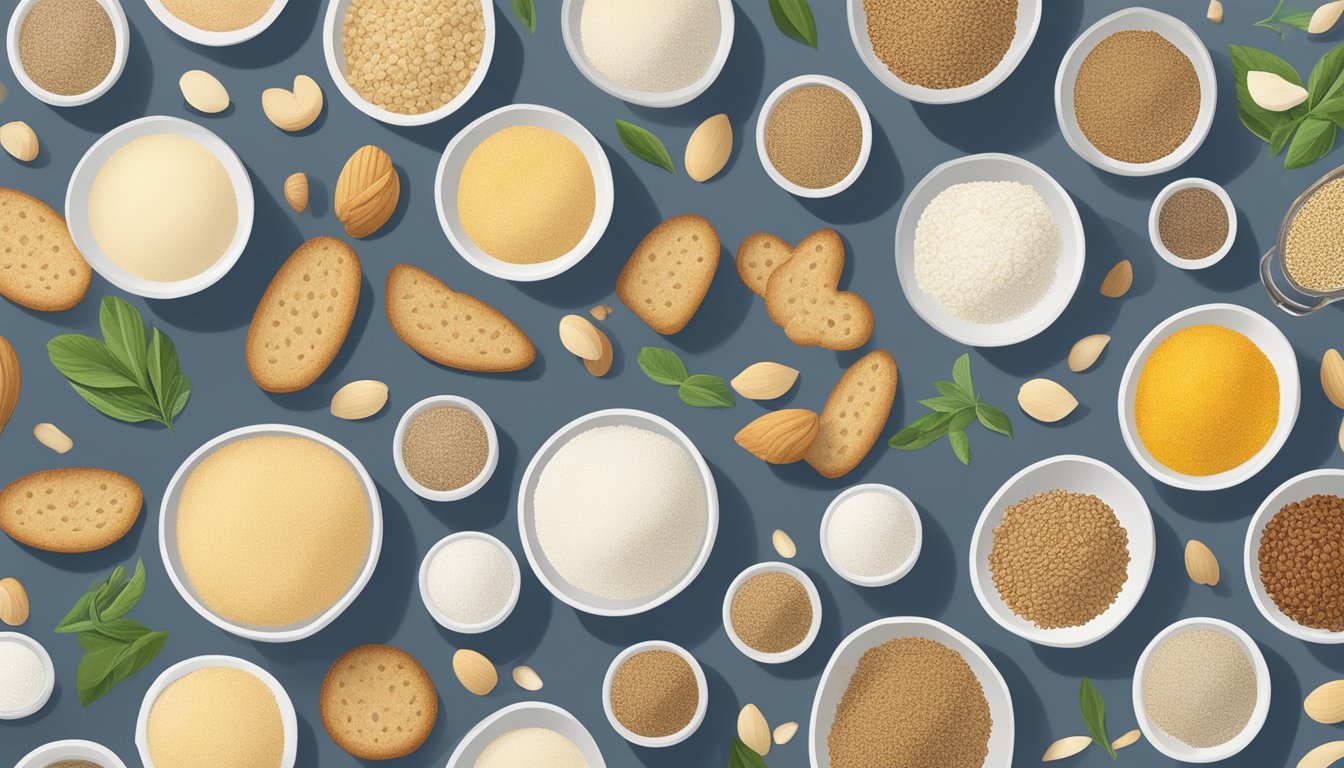 A kitchen countertop with various low-carb bread crumb alternatives such as almond flour, coconut flour, ground flaxseed, crushed pork rinds, and grated Parmesan cheese in separate bowls