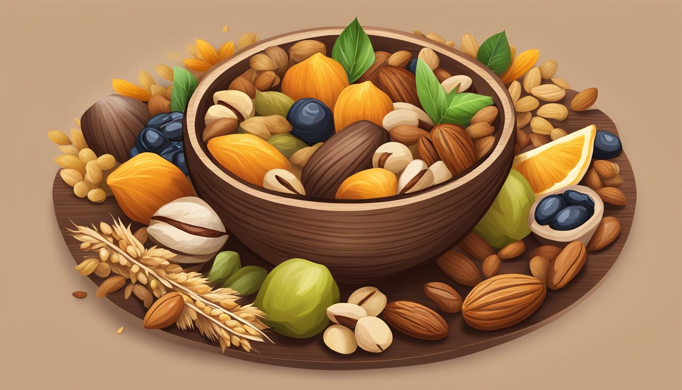 A colorful assortment of nuts, seeds, and dried fruits arranged in a rustic wooden bowl, surrounded by scattered KIND Bars Healthy Grains Clusters