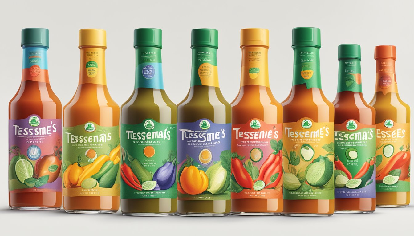 A variety of colorful bottles of Tessemae's Organic Hot Sauce displayed on a clean, white background