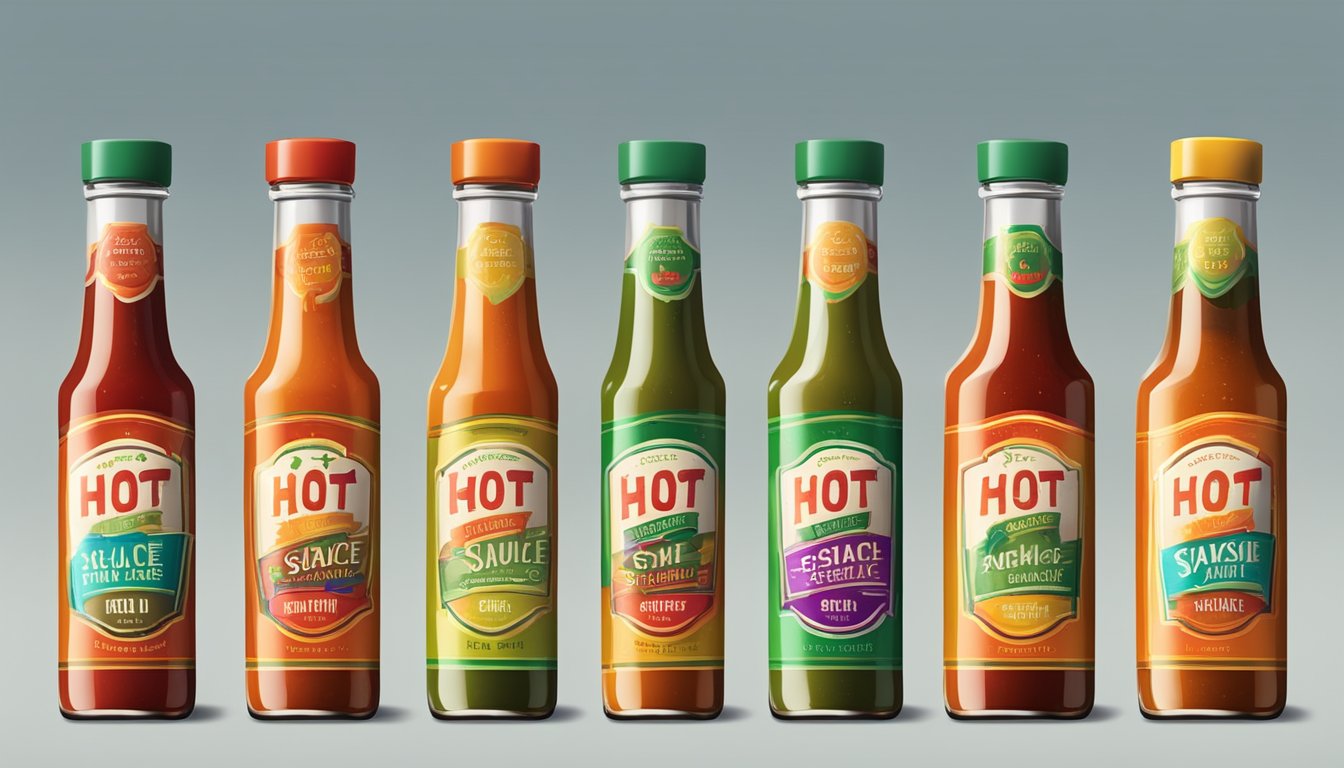 A table with six bottles of hot sauce, each labeled with a different flavor. The bottles are arranged neatly with a background of vibrant colors