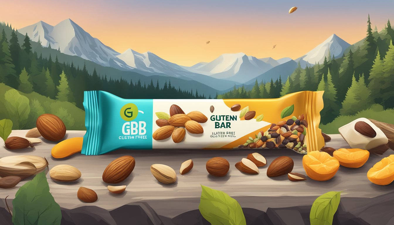 A colorful array of nuts, seeds, and dried fruits spill out of a branded GFB Gluten-Free Bar package, surrounded by nature and hiking gear