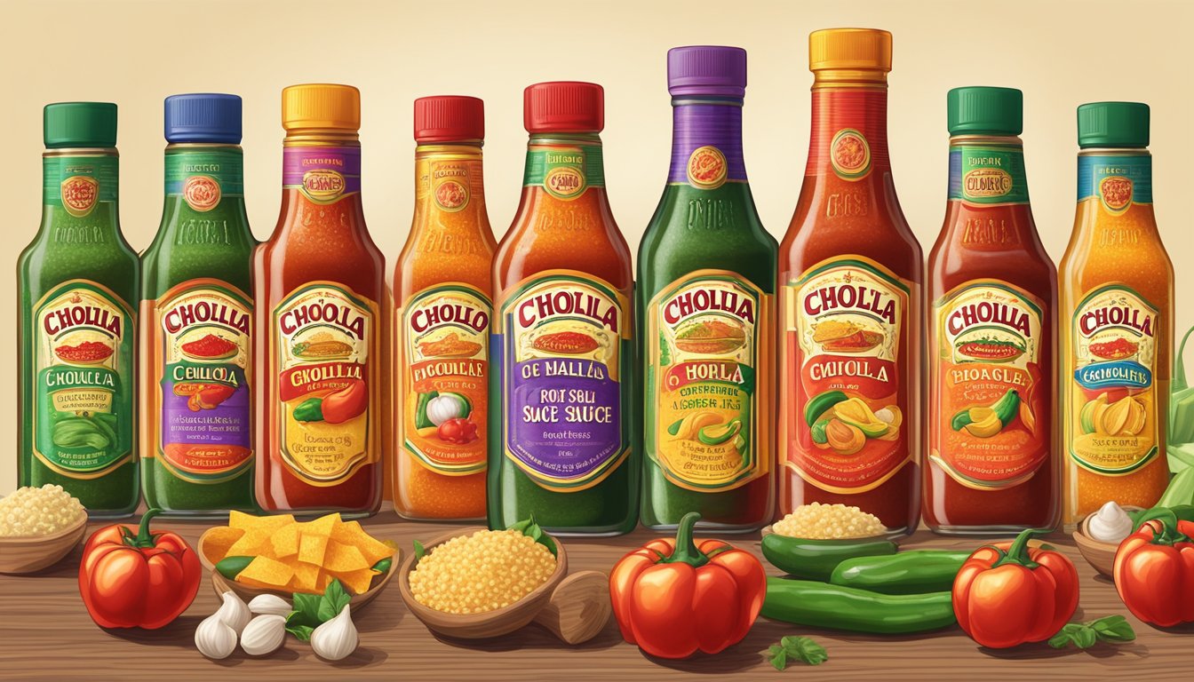 A table with six bottles of Cholula Hot Sauce Original surrounded by various sugar-free ingredients like peppers, tomatoes, and garlic