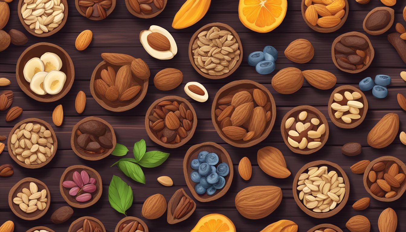 A colorful mix of cacao, hemp, and almonds arranged on a rustic wooden surface, surrounded by various diabetic-friendly trail mix ingredients like dried fruits and nuts