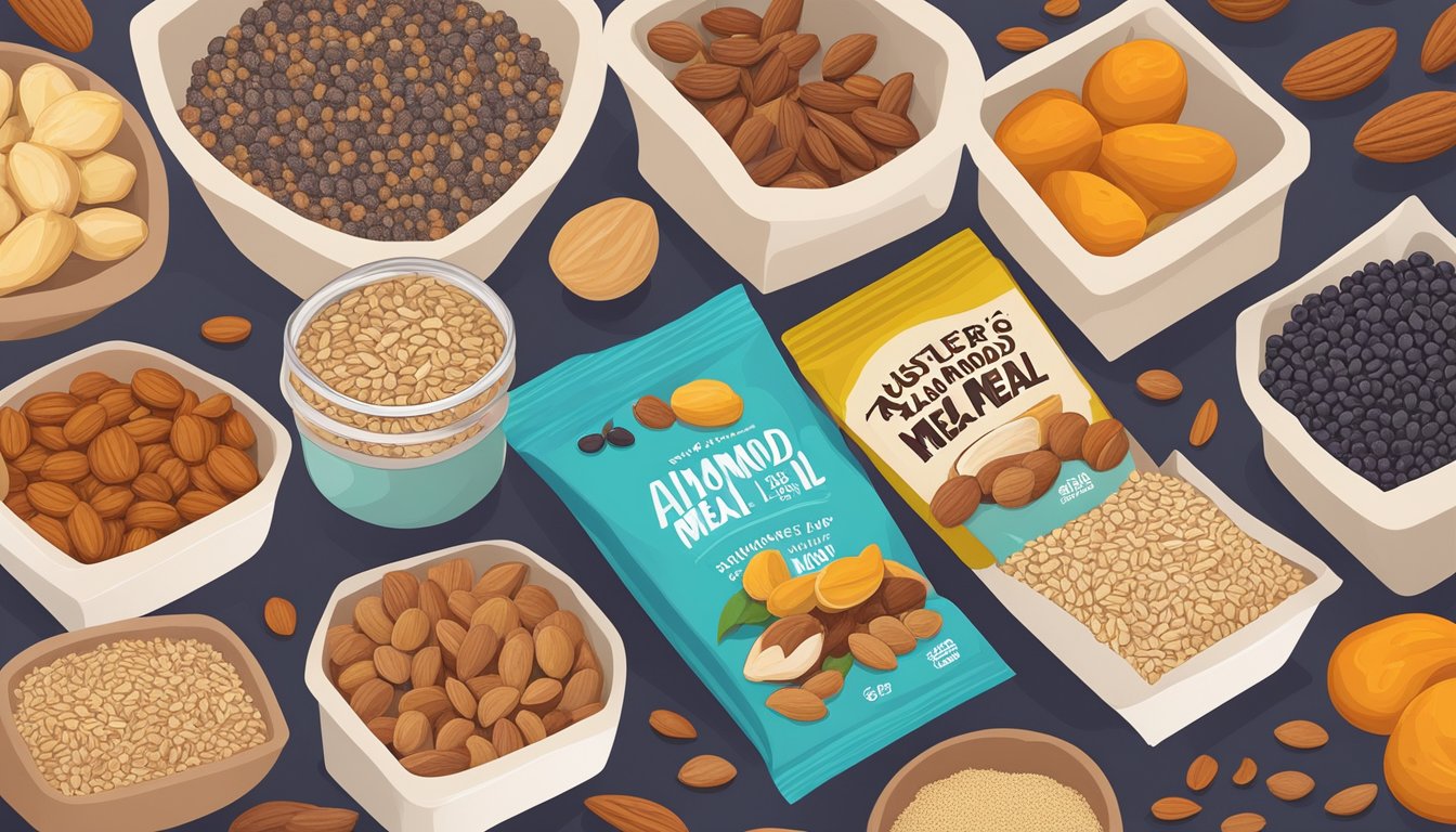 A variety of nuts, seeds, and dried fruits arranged in a colorful display with a package of Trader Joe's Just Almond Meal in the background