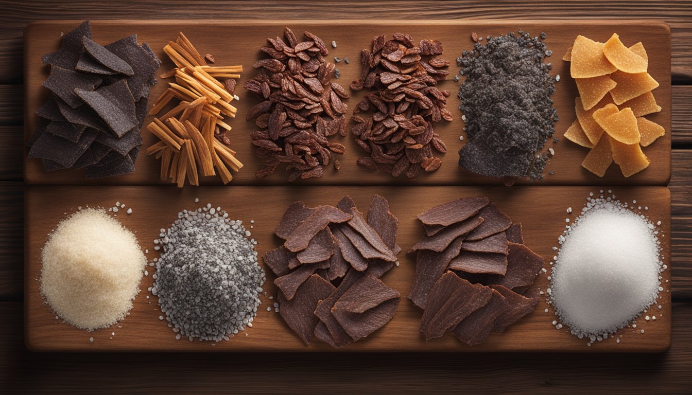 A rustic wooden table displays seven varieties of venison jerky, each seasoned with sea salt and pepper