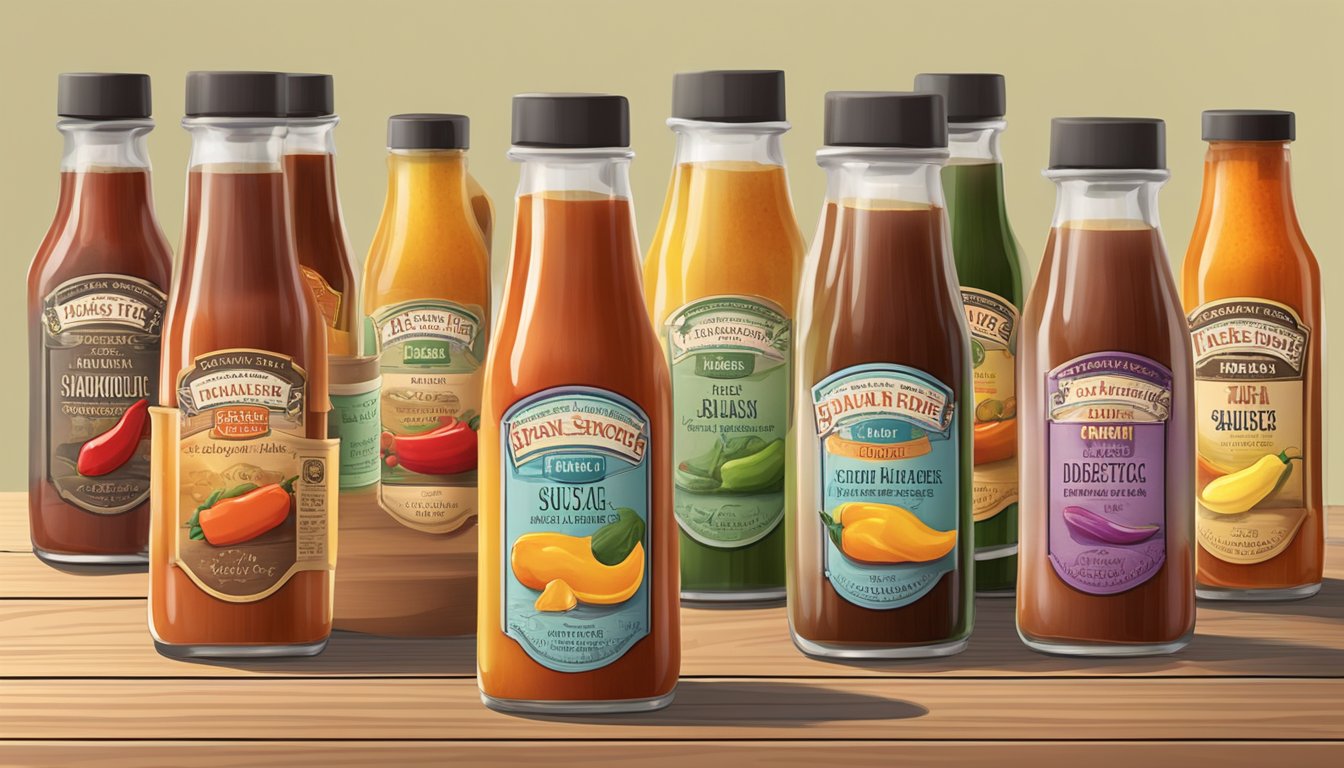 A variety of sugar-free hot sauce bottles arranged on a wooden table, each with different flavors and labels indicating their suitability for diabetics