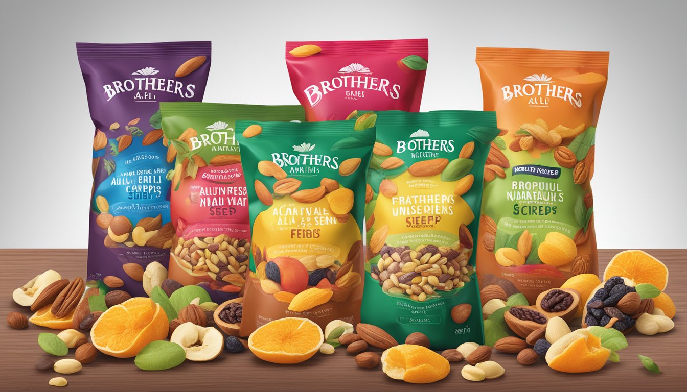 A colorful array of dried fruits, nuts, and seeds arranged in individual piles, surrounded by vibrant packaging of Brothers All Natural Fruit Crisps