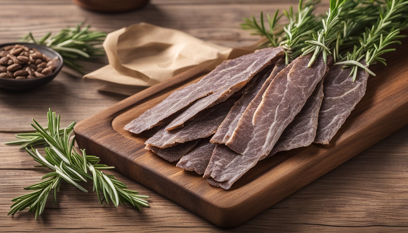 A rustic wooden table displays seven packages of Wild Zora Lamb Rosemary low-carb jerky, surrounded by fresh rosemary sprigs