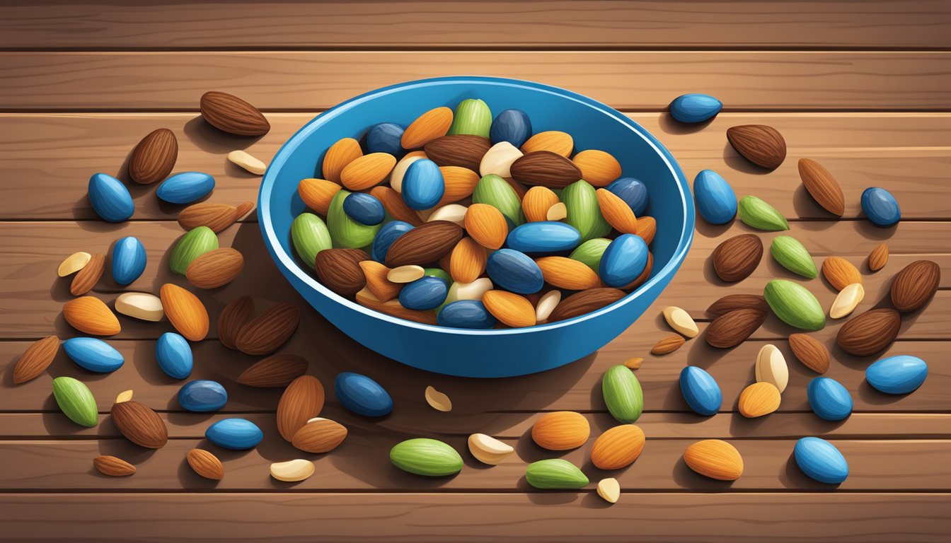 A bowl of low-sodium Blue Diamond Almonds mixed with various diabetic-friendly trail mix options, such as nuts, seeds, and dried fruits, arranged on a wooden table