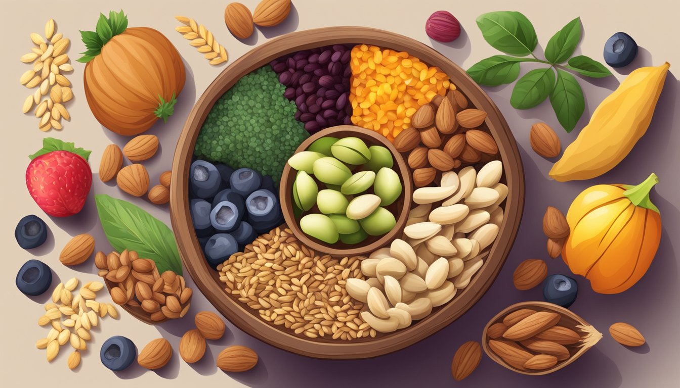 A colorful array of nuts, seeds, and dried fruits arranged in a decorative bowl, surrounded by fresh produce and a variety of whole grains