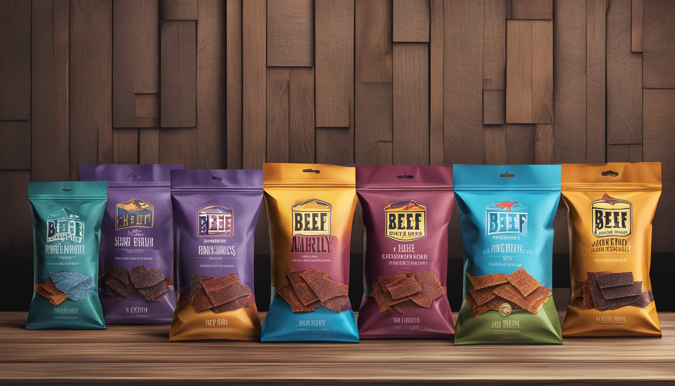 A variety of beef jerky packages arranged on a wooden table with a rustic backdrop