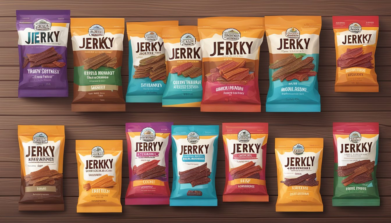 A colorful display of various low-carb jerky packages, including Perky Jerky Turkey Original, arranged on a wooden table