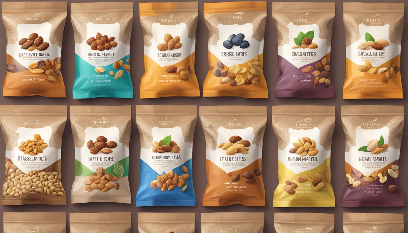 A variety of nuts, seeds, and dried fruits arranged in colorful packaging, with a focus on diabetic-friendly options