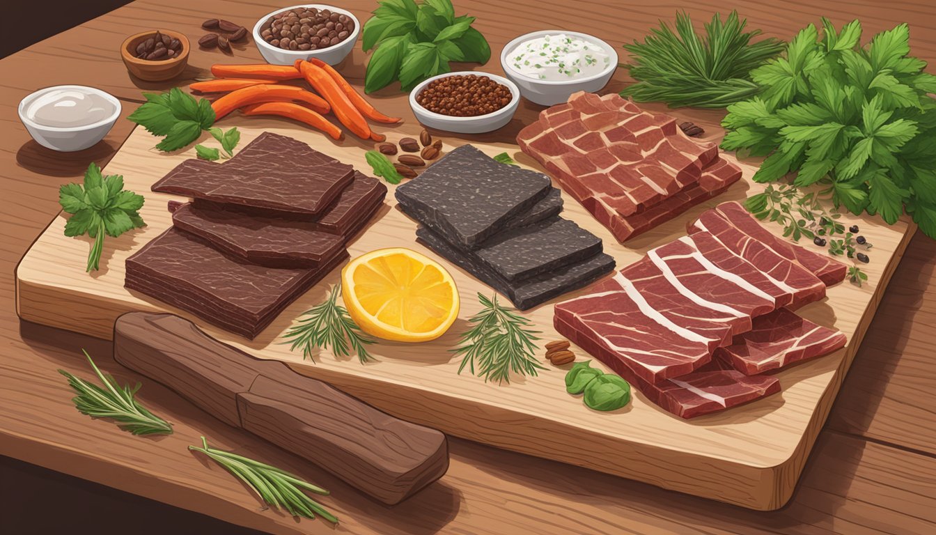 A variety of low-carb jerky options arranged on a wooden cutting board with fresh herbs and spices scattered around