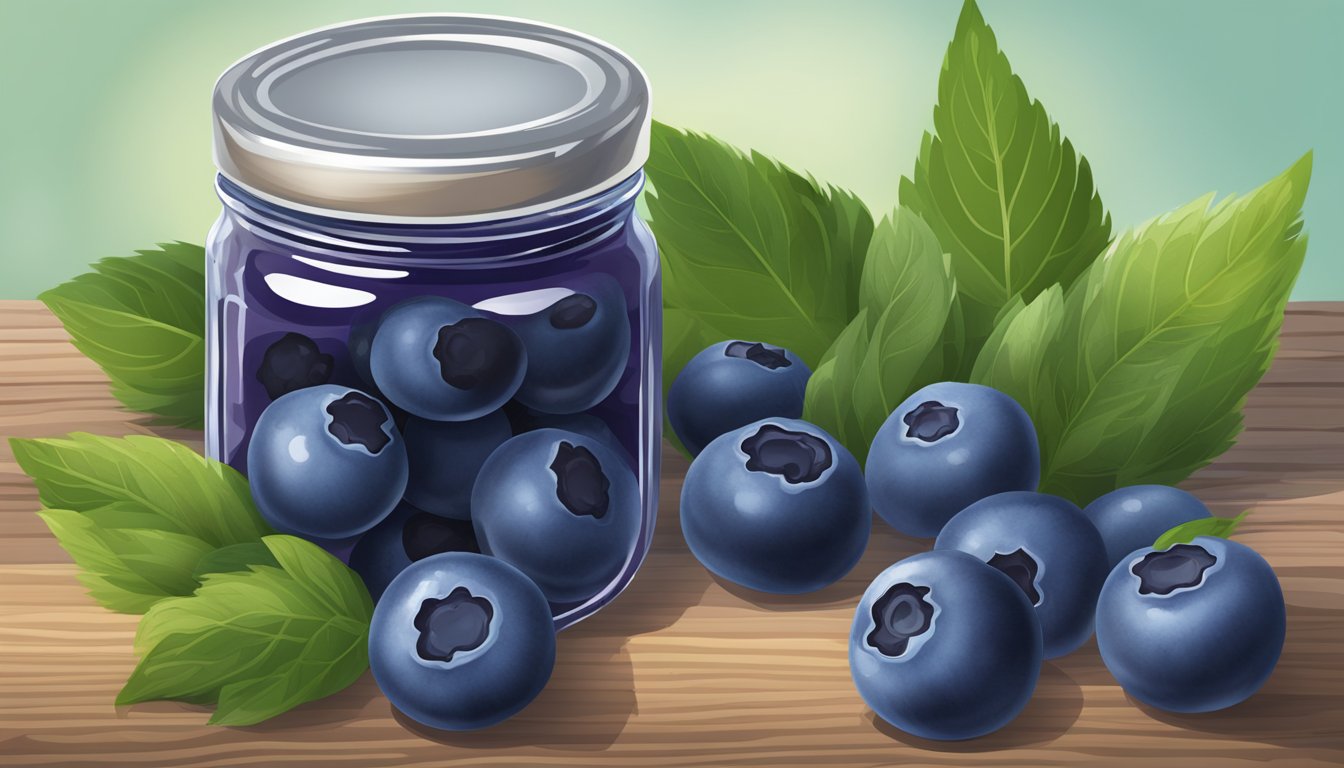 A jar of Nature's Hollow Sugar-Free Blueberry Preserves surrounded by fresh blueberries and green leaves on a wooden table