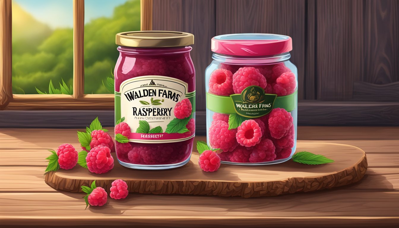 A jar of Walden Farms Raspberry Fruit Spread surrounded by fresh raspberries and a slice of whole grain bread on a rustic wooden table