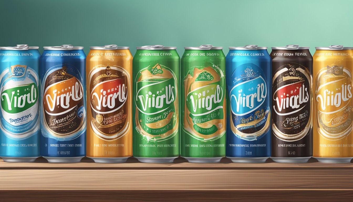 A refreshing display of six different sugar-free soda cans, including Virgil's Zero Sugar Root Beer, arranged neatly on a wooden table