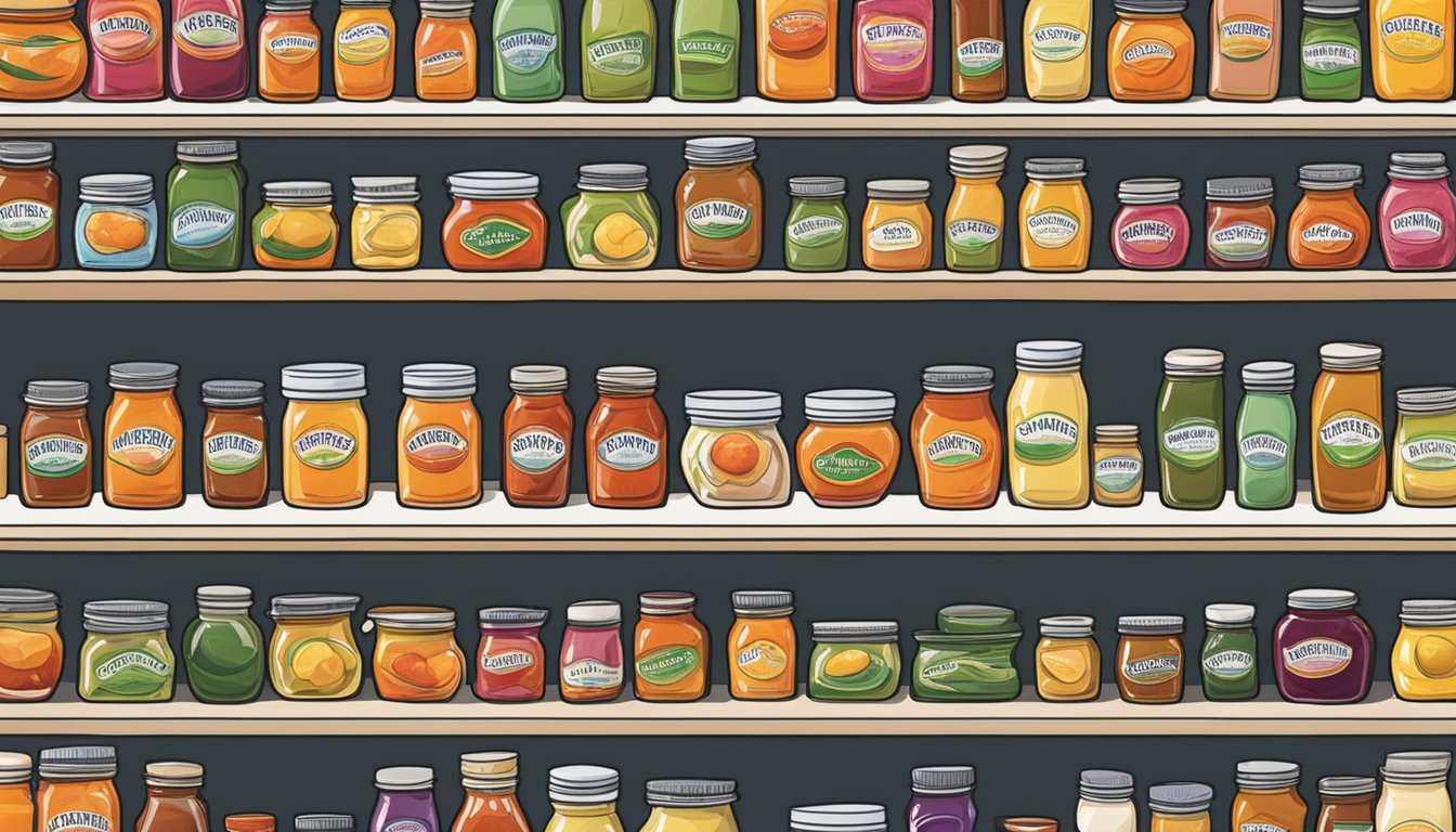 A colorful array of fruit spread jars, including Smucker's Sugar-Free Apricot Preserves, displayed on a kitchen counter