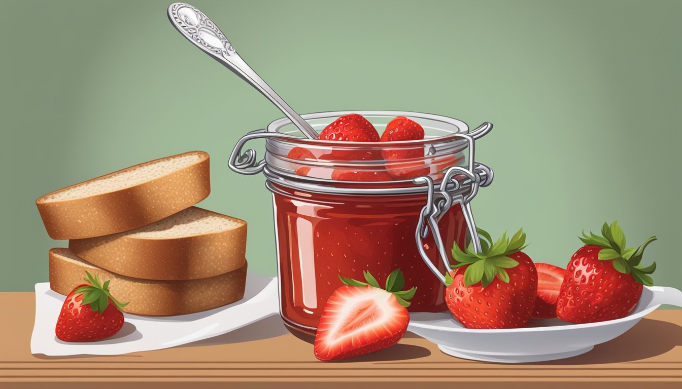 A jar of Polaner Sugar Free Strawberry Preserves surrounded by fresh strawberries and a slice of whole grain bread