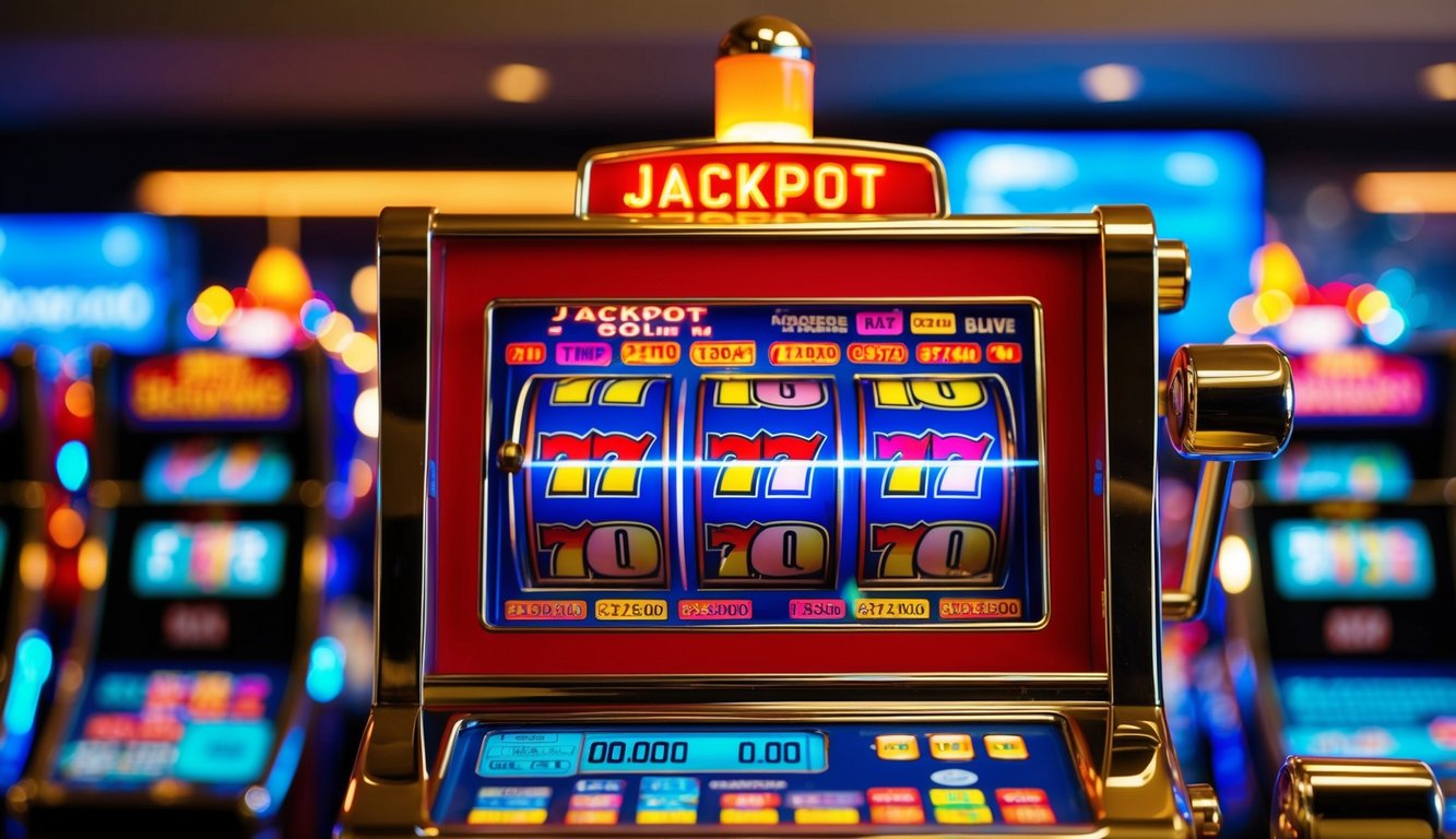 Sebuah mesin slot online berwarna-warni dengan lampu berkedip dan tampilan jackpot besar