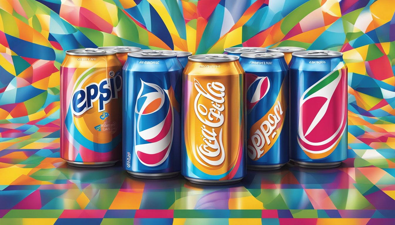 A group of 6 soda cans, including Pepsi Zero Sugar, arranged on a table with a backdrop of colorful, vibrant patterns