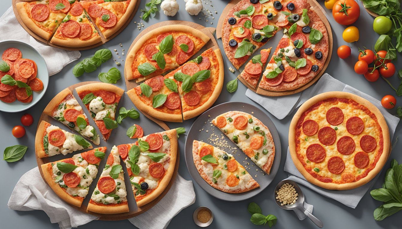 A colorful assortment of 5 frozen pizzas, including Real Good Foods Cauliflower Crust Pepperoni Pizza, arranged on a clean, modern kitchen counter